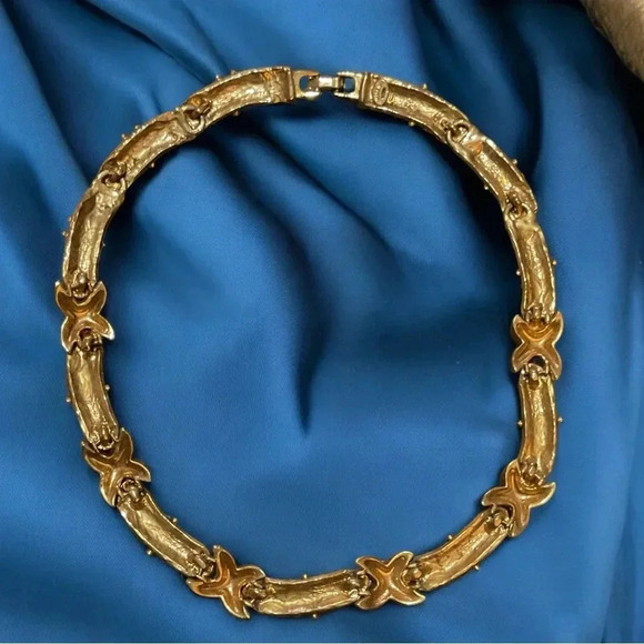 Vintage Rhinestone X Gold Tone Bar Link Collar Necklace - Picture 7 of 12